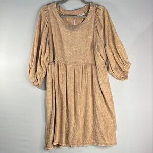 Women's Washed Tan Babydoll Midi Dress with Puff Sleeves